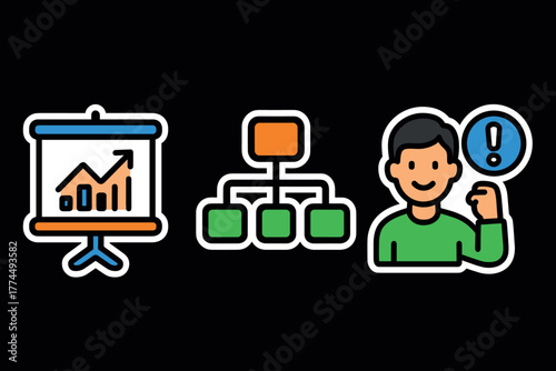 Business presentation icon set featuring graphs and organizational charts in modern flat design