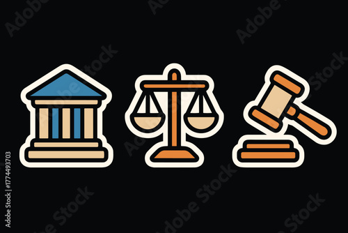 Justice symbols courthouse, scales, and gavel icon set on black background