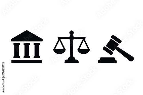 Justice symbols courthouse, scales, and gavel silhouette set