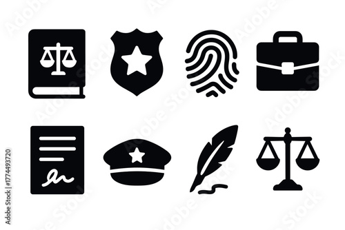 Set of black legal and law enforcement icons in silhouette style
