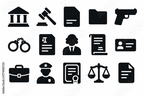 Legal and justice system icons set monochrome silhouette symbols for law and order concepts
