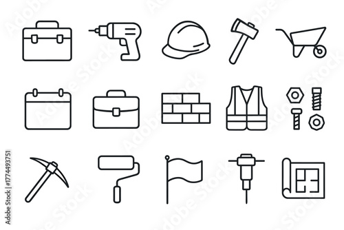 Construction tools and safety equipment icons in linear design