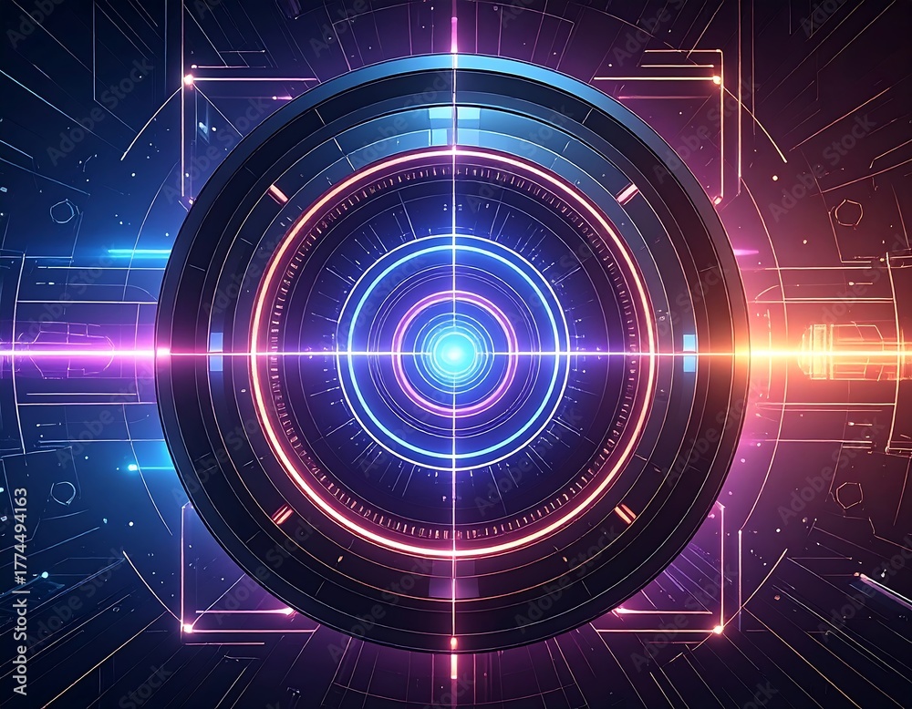 Obraz premium Abstract image of glowing concentric circles and squares, in blue, pink, and orange