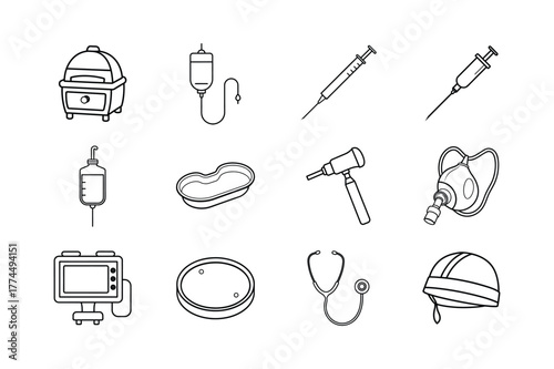 Medical Tools and Nurse Equipment Line Art Vector Set