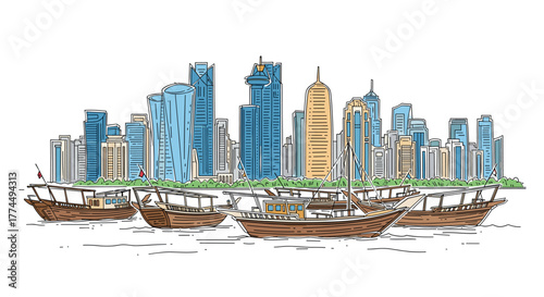 Doha skyline doodle with iconic landmarks and architecture