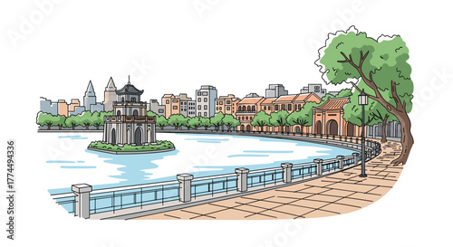 Hanoi skyline doodle with iconic landmarks and architecture