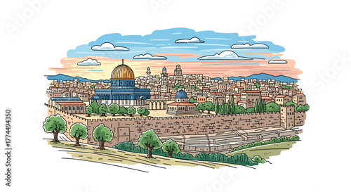 Jerusalem skyline doodle with iconic landmarks and architecture