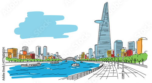 Ho Chi Minh City skyline doodle with iconic landmarks and architecture