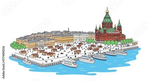 Helsinki skyline doodle with iconic landmarks and architecture