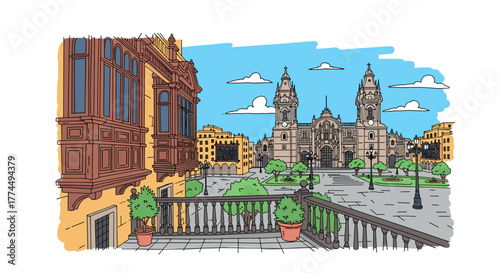 Lima skyline doodle with iconic landmarks and architecture
