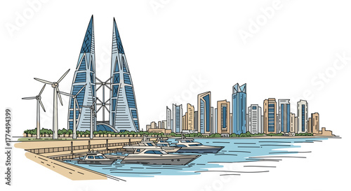 Manama skyline doodle with iconic landmarks and architecture