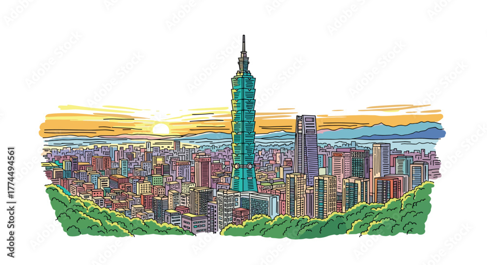 Fototapeta premium Taipei skyline doodle with iconic landmarks and architecture
