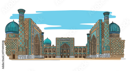 Samarkand skyline doodle with iconic landmarks and architecture