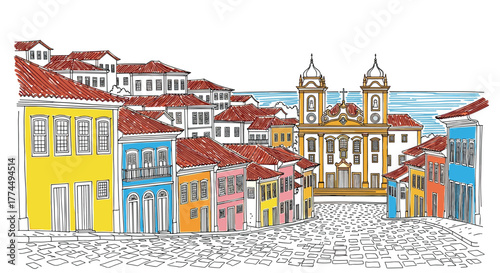 Salvador skyline doodle with iconic landmarks and architecture