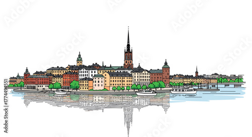 Stockholm skyline doodle with iconic landmarks and architecture