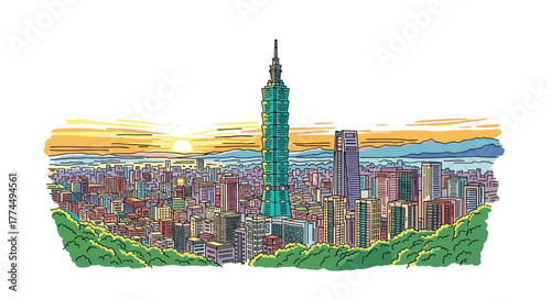 Taipei skyline doodle with iconic landmarks and architecture