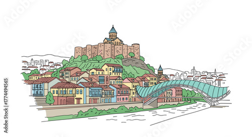 Tbilisi skyline doodle with iconic landmarks and architecture