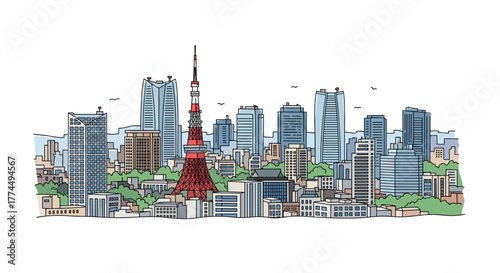 Tokyo skyline doodle with iconic landmarks and architecture