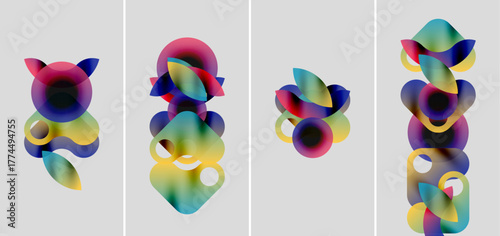 Abstract colorful shapes overlap, creating vibrant compositions. Four panels display similar designs, differing slightly in form.