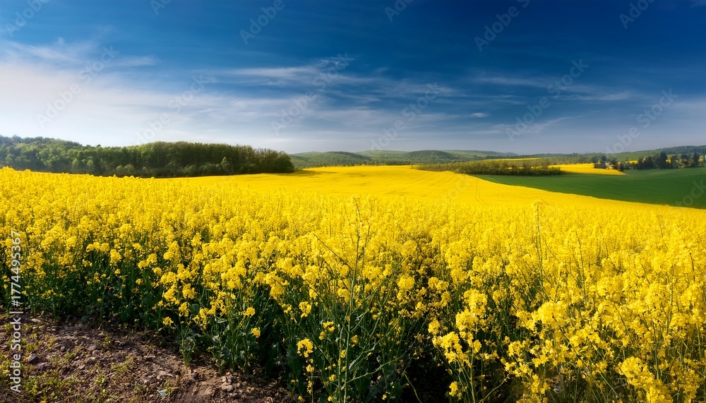 Obraz premium Bright Yellow Rapeseed Field In Full Bloom On A Spring Day