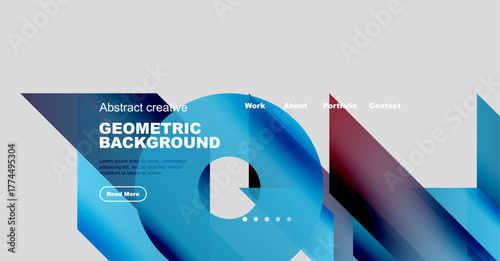 Website mockup displays geometric design. Blue gradients dominate, text overlays provide information. Navigation menu visible at top.