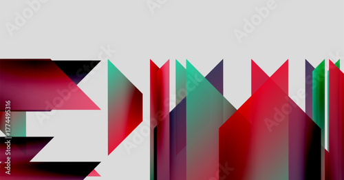 Abstract geometric shapes, vibrant colors, layered design. Red, teal, purple hues dominate composition. Modern aesthetic.