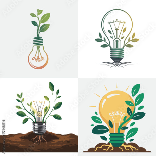 Set of green eco and ecology icons with lightbulb plant and renewable energy symbols