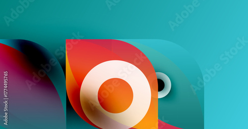 Abstract design features vibrant colors, overlapping shapes, orange circle. Modern aesthetic, dynamic composition, digital illustration.