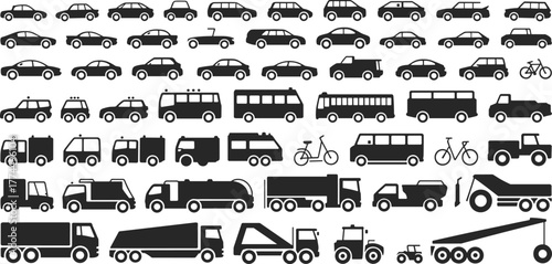 Vehicle silhouette icons, transportation vector set, commercial truck symbols, car and bus illustrations, construction equipment, black graphic design elements
