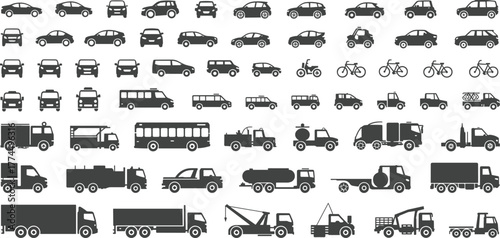 Vehicle silhouette icons, car truck bike bus, transportation vector set, black graphic symbols, commercial emergency utility vehicles, isolated illustrations, design assets