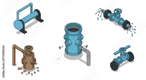 Isometric mechanical equipment with leaking valves and pipes in blue and brow…