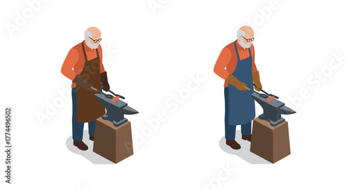 Isometric blacksmith crafting metal on anvil in workshop scene