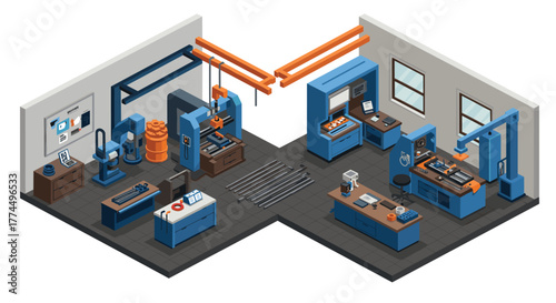 Isometric industrial workshop with advanced machinery and equipment design