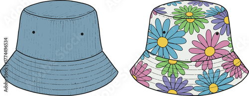 Bucket hat fashion duo, plain blue and floral pattern hats, summer accessory, headwear style, vector illustration, contrast design, white backgroundBucket hat fashion duots, 