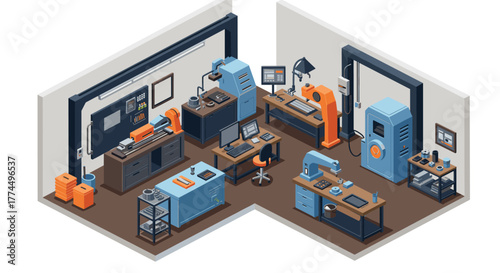 Isometric workshop: modern industrial interior with machines and tools