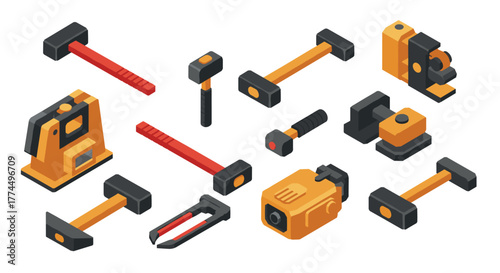 Isometric hand tools set: hammers, wrenches, clamps and levels for constructi…