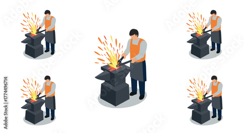 Isometric blacksmith crafting metal with hammer at anvil