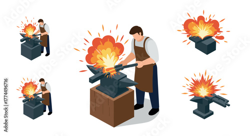 Isometric blacksmith crafting with anvil and sparks