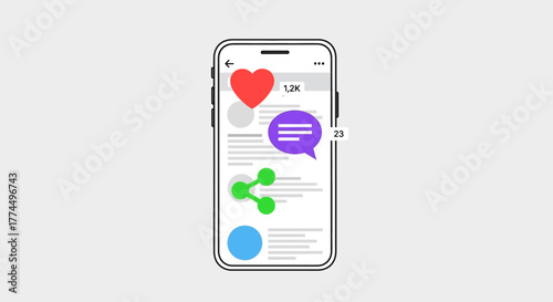 This image depicts a modern smartphone interface showcasing various interactive social media elements like hearts, comments, and sharing options.