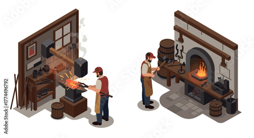 Blacksmith workshop in isometric style with forge and tools