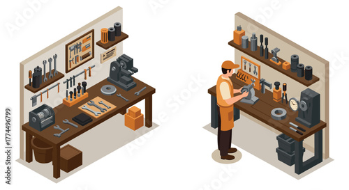 Isometric workshop setup with mechanic and tools in industrial setting