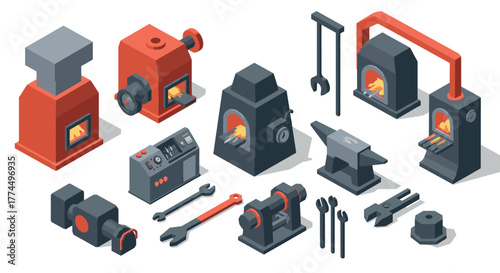 Isometric blacksmithing tools and forge equipment set for workshop graphics d…