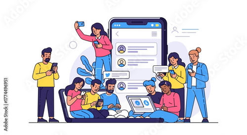A diverse group of young people actively uses smartphones and laptops, connecting through social media platforms and digital communication channels.