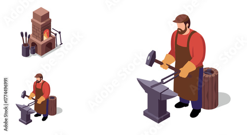Isometric blacksmith working in forge with anvil and tools