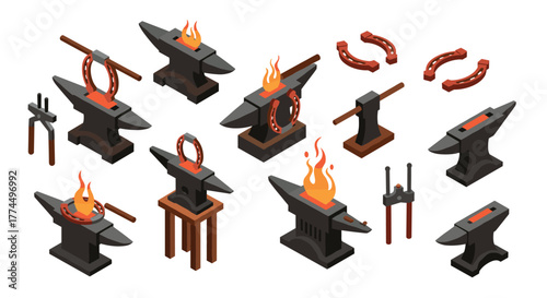 Isometric blacksmith tools set with anvils and horseshoes in a fiery workshop…