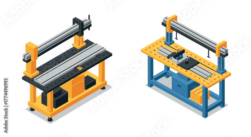 Isometric cnc machines on workbenches in modern workshop design