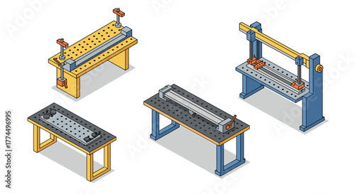 Isometric workbenches: detailed metalworking equipment in 3d vector style