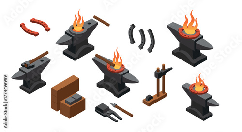 Blacksmith tools and anvils collection in isometric style with flames