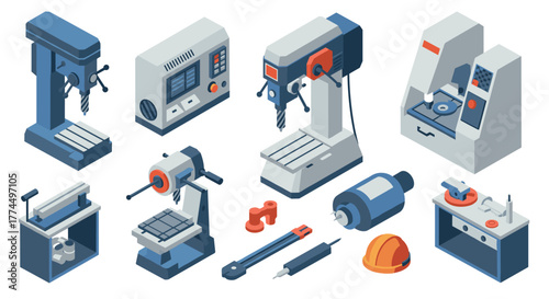 Isometric workshop equipment set: drill presses, milling machines, tools, saf…