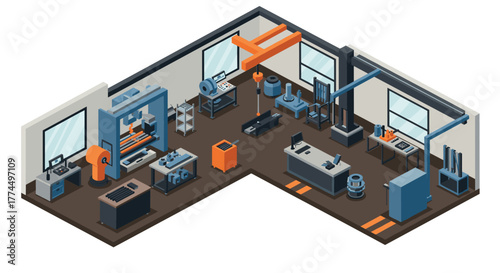 Isometric modern factory workshop with industrial machinery and equipment